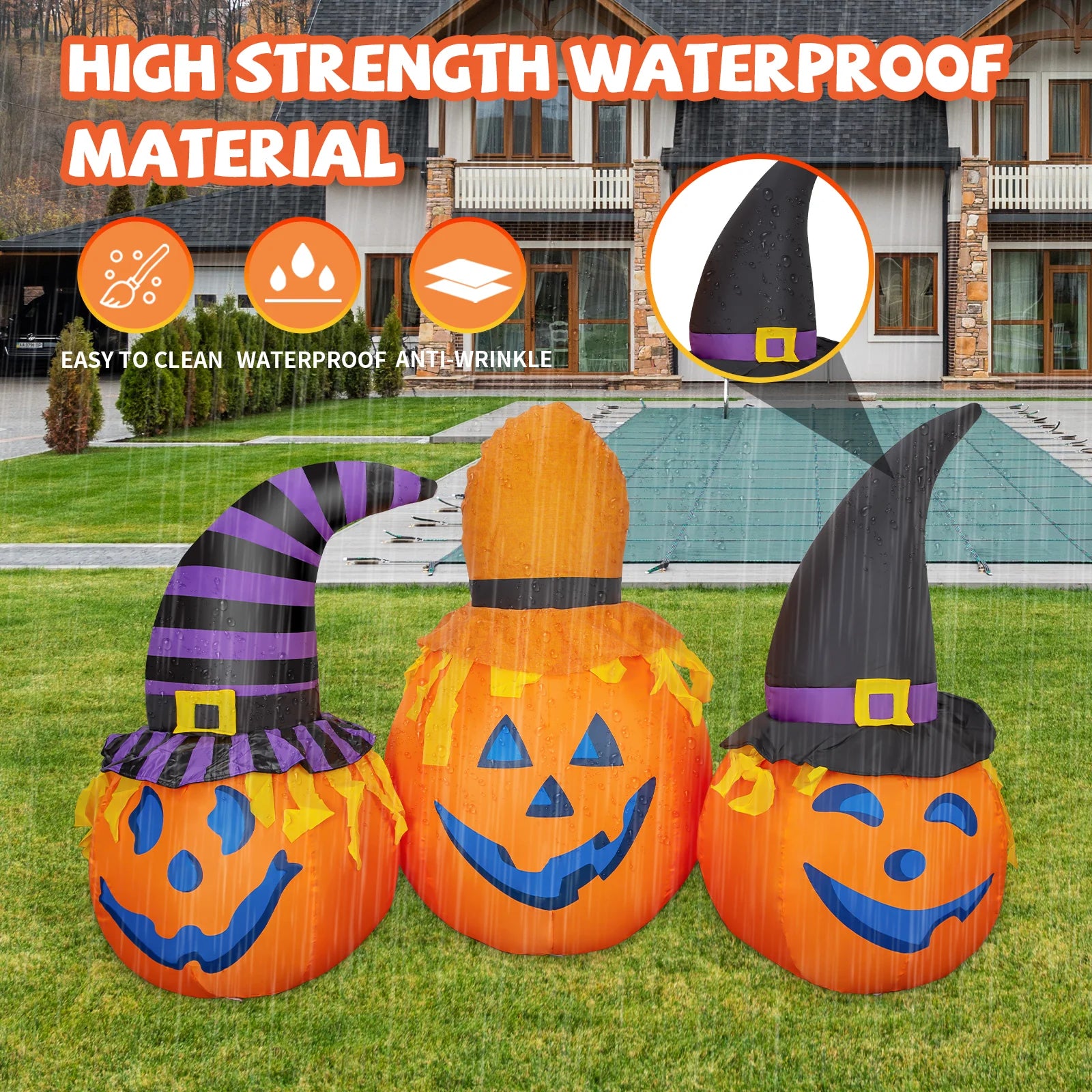 6.5ft Halloween Inflatable Three Pumpkins with Witches Hats