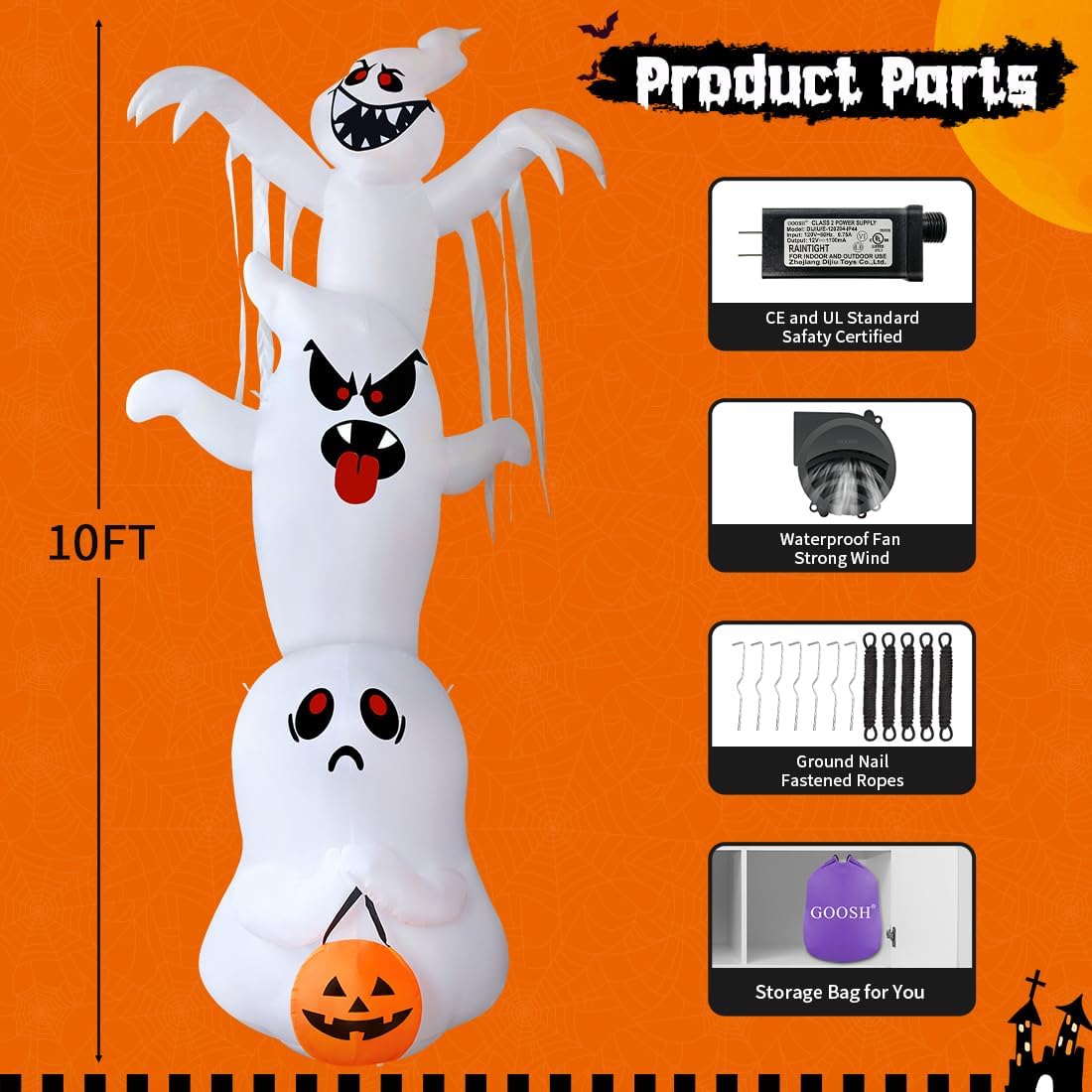 12ft Halloween Inflatable Light Up Ghost Trio