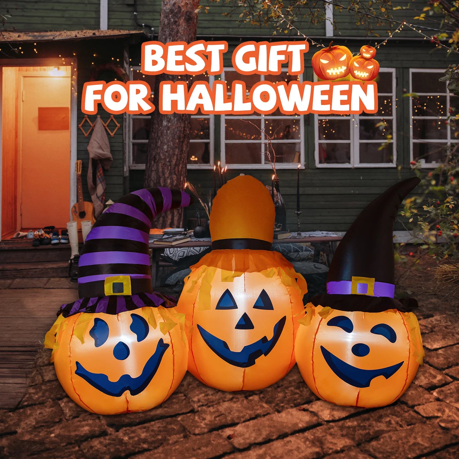 6.5ft Halloween Inflatable Three Pumpkins with Witches Hats