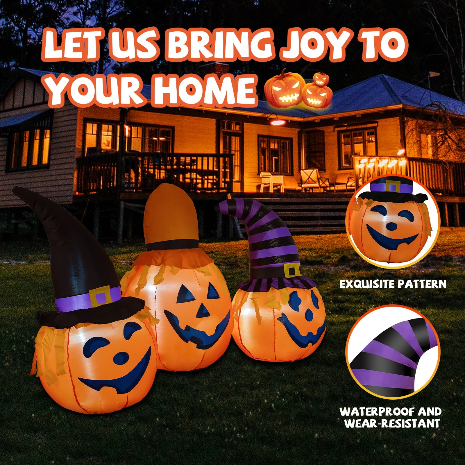 6.5ft Halloween Inflatable Three Pumpkins with Witches Hats