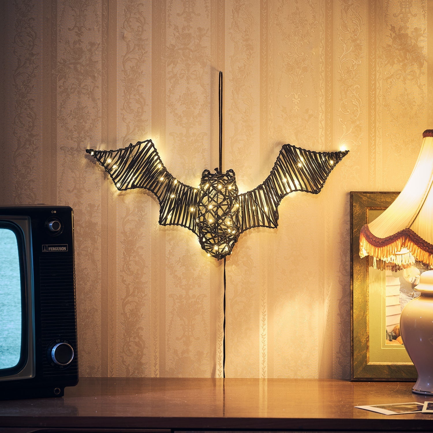 Rattan Black Bat Light Up Halloween Figure