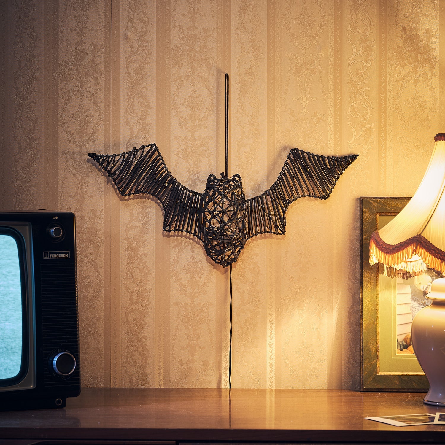 Rattan Black Bat Light Up Halloween Figure